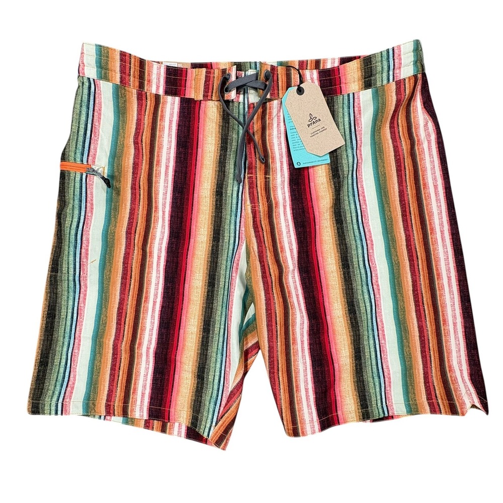 Prana Fenton Board Shorts Mens 38 Baja Stripe Multi Color Recycled Stretch NWT
